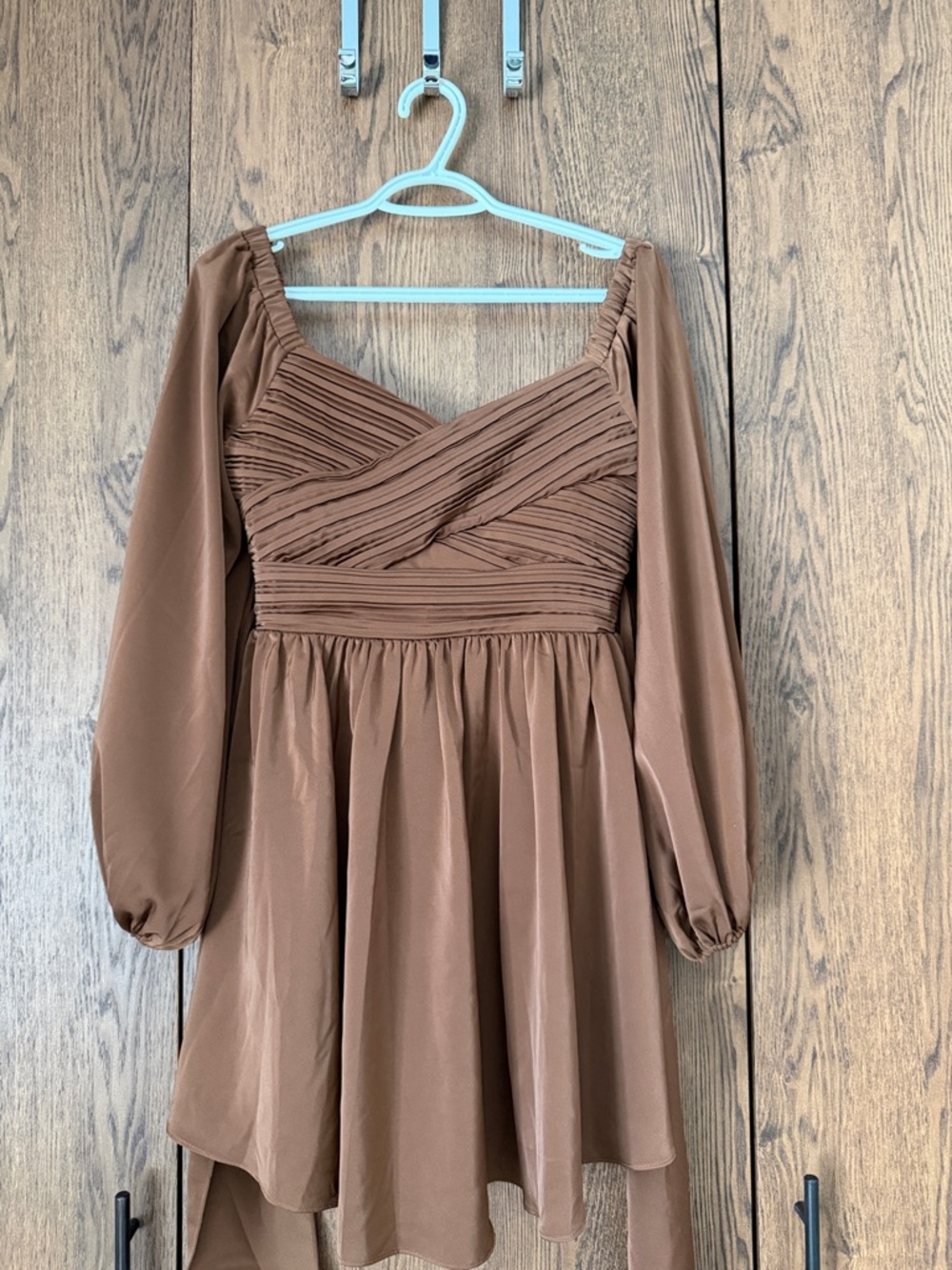 Women's Brown Long Sleeve Pleated Bodice Dress